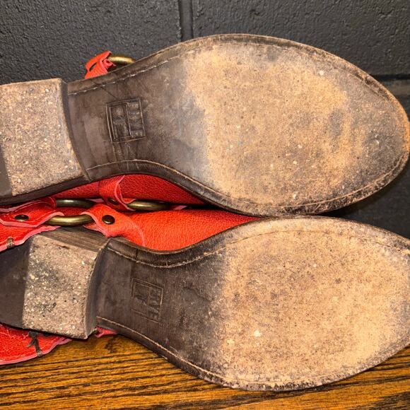 FRYE Carson Western Bootie Mules Red Leather Harness Shoes 70160 Women's 7 B - Picture 9 of 12